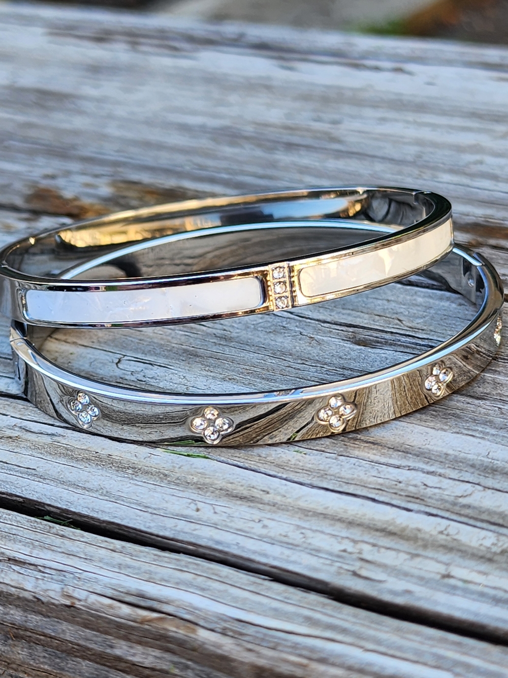 Silver-Tone White Enamel & Crystal Bangle Bracelet Set Stainless Steel